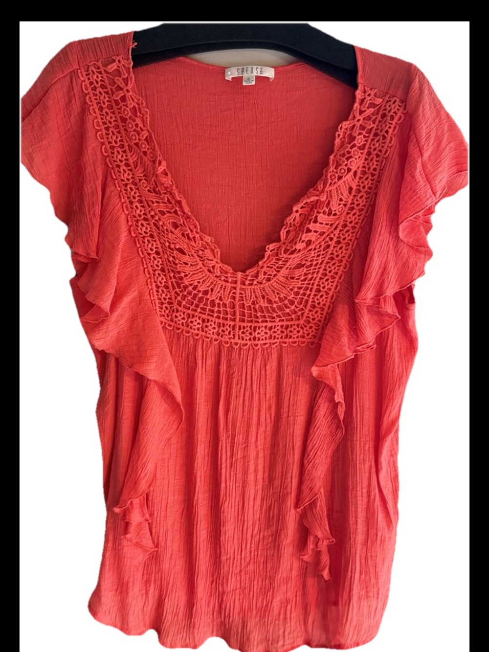Spense Bright Coral Crochet-Trim Ruffle Sleeve Blouse
